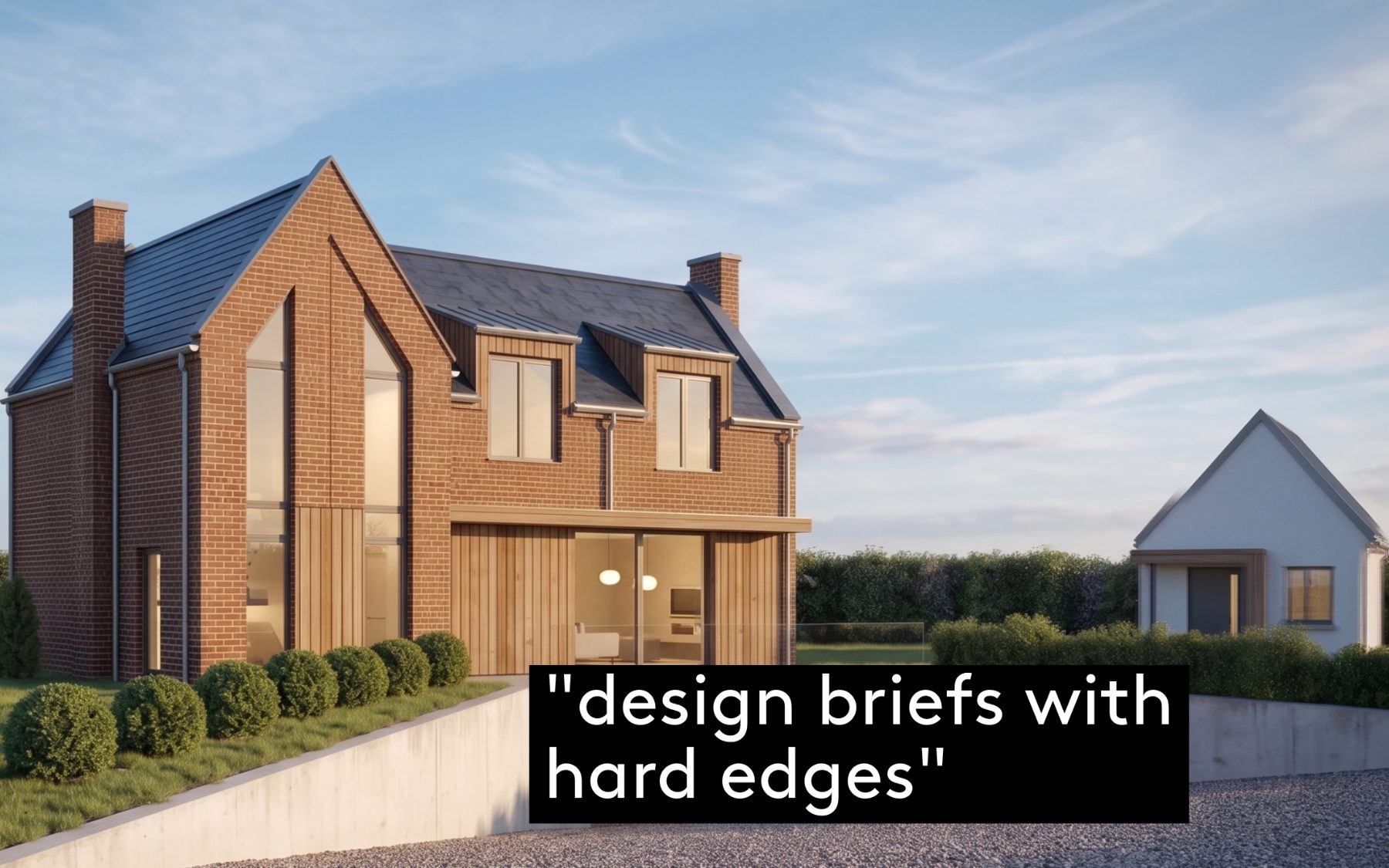A brick and timber-clad two-storey house with a steep slate roof and full-height glazing, set against open fields and a hedgerow, with a smaller outbuilding to one side