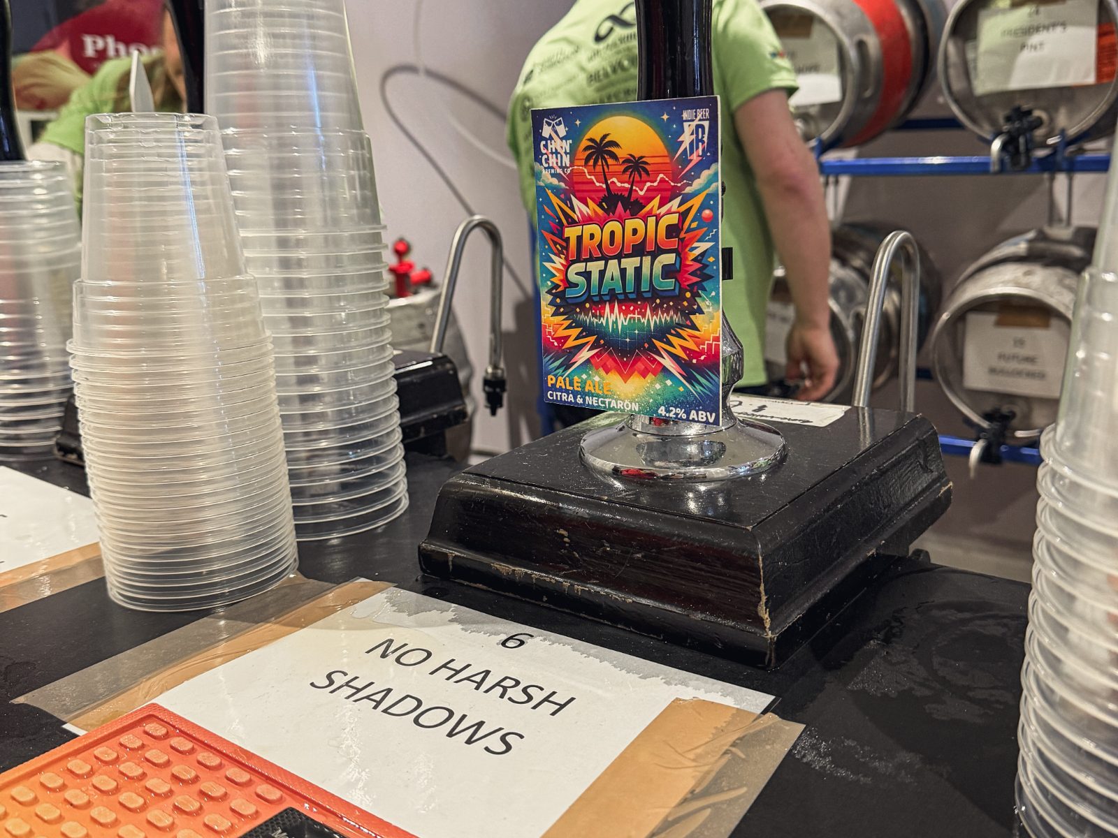 A pump clip at the Morley Cricket Club beer festival with a card beside it reading No Harsh Shadows
