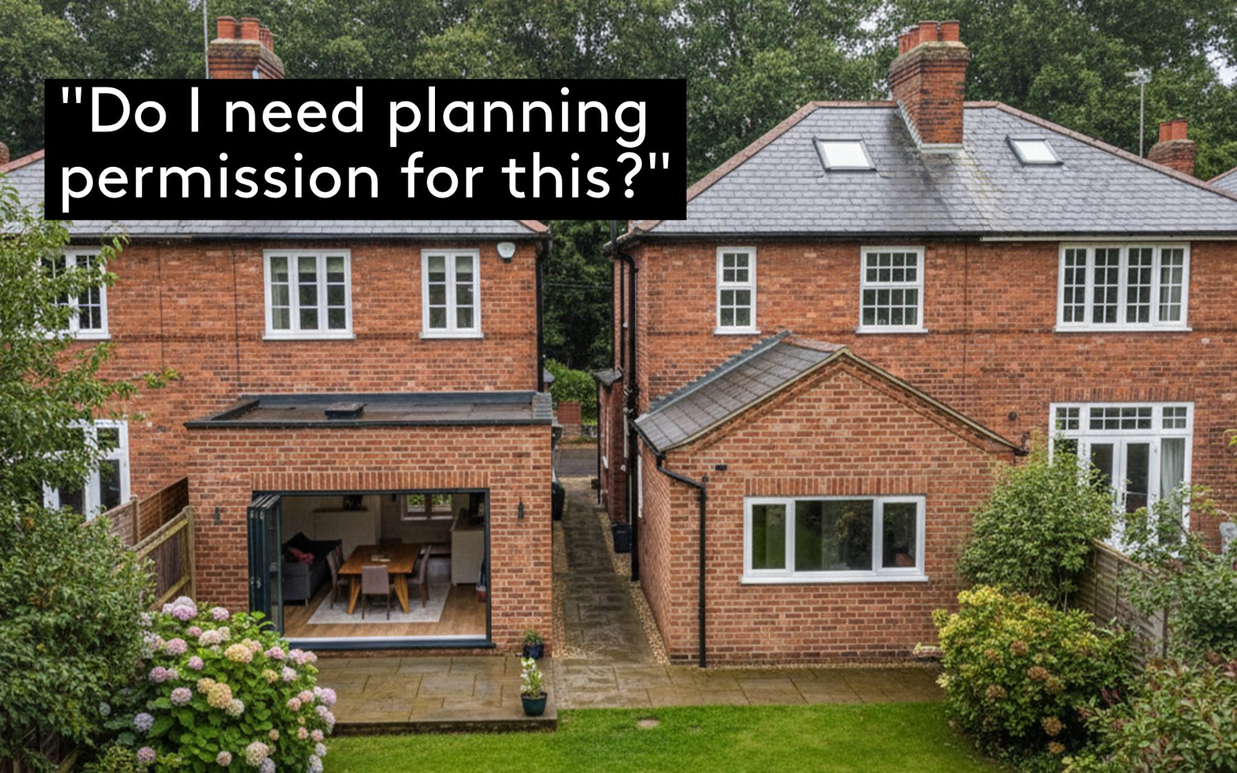 The rear of a 1930s semi-detached house with a flat-roof single-storey extension and wide bifold doors open onto the garden, beside a neighbouring gabled extension