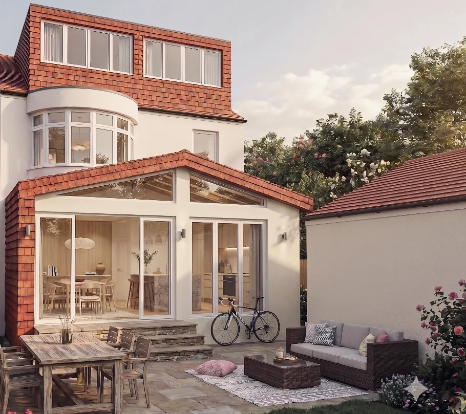 Render of the approved pitched-roof rear extension, its side elevation clad entirely in matching clay tiles, Roundhay, Leeds