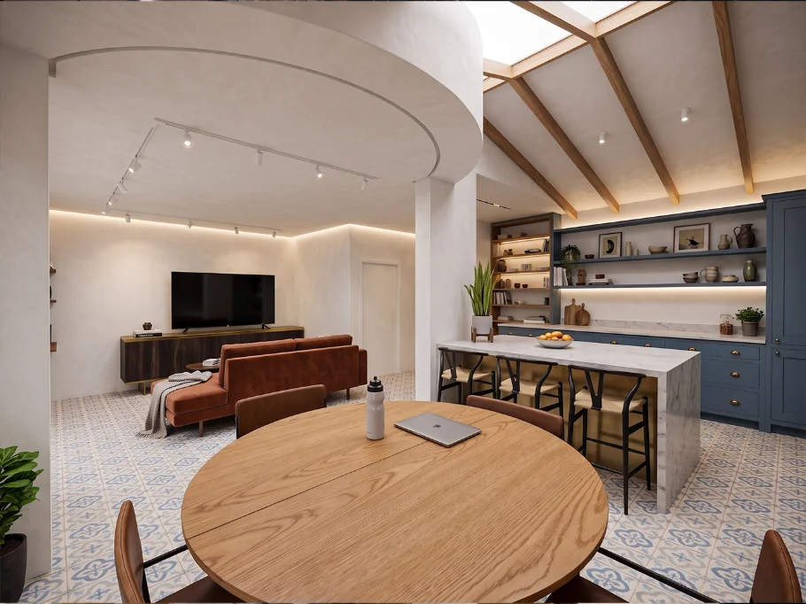 Concept view of the open-plan kitchen, dining and living space with timber cladding and a central island, Roundhay, Leeds