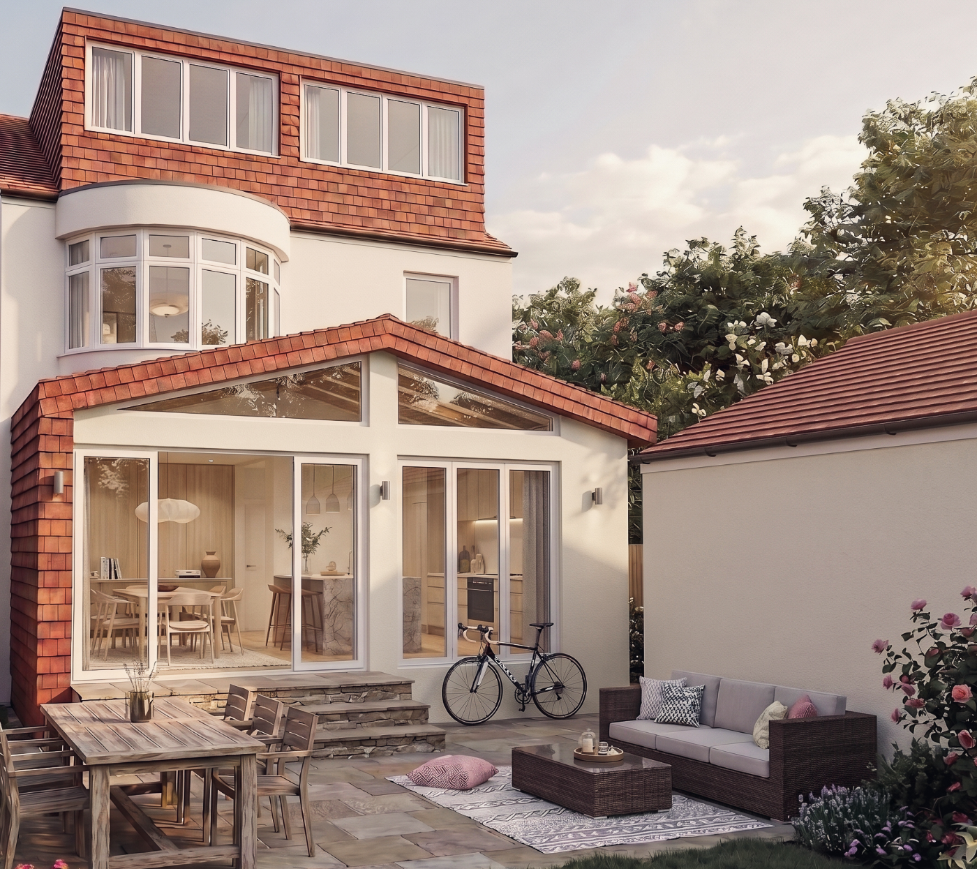 Architectural render of an approved pitched-roof rear extension in Roundhay, Leeds — clay hanging tiles, a glazed apex and floor-to-ceiling sliding doors onto a stone terrace, by we are _