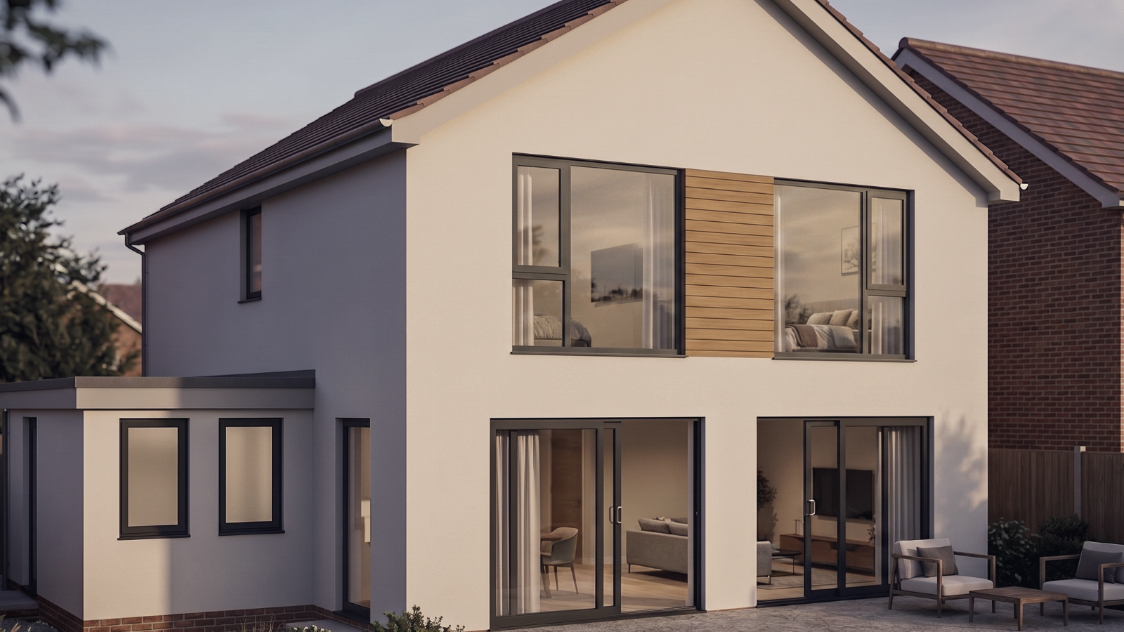Architectural render of a contemporary two-storey home in Horsforth, Leeds, crisp white render with a timber cladding panel between first-floor windows and large ground-floor sliding glass doors onto a stone patio, by we are _
