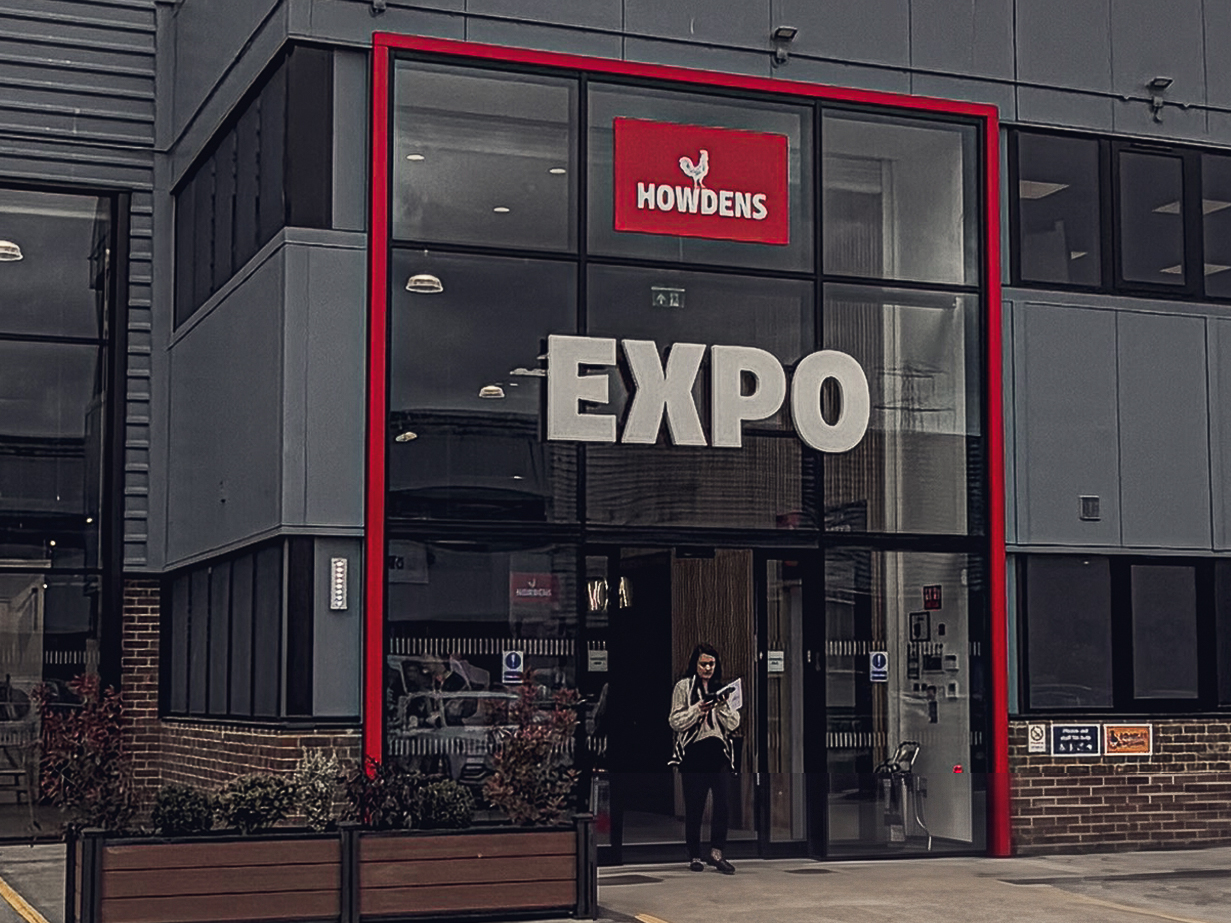 The red-framed entrance to the Howdens Expo in Watford