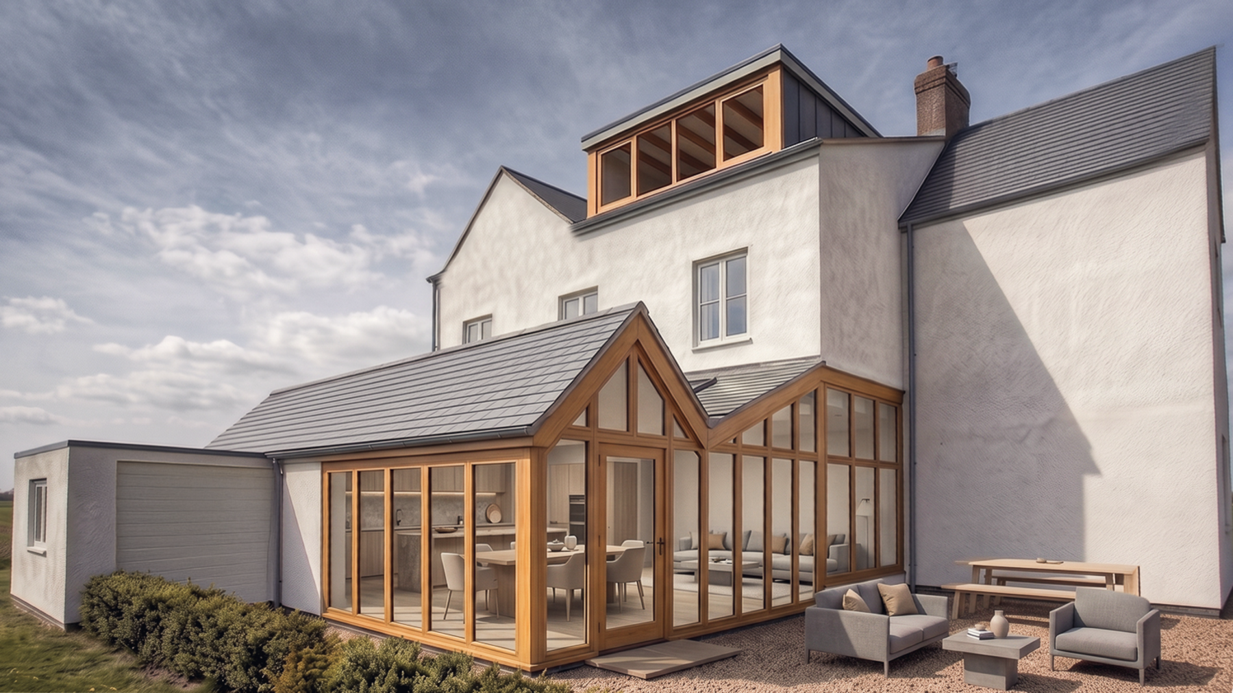 The Oak-Framed Farmhouse, north Lincolnshire, a rendered farmhouse with a zinc-clad dormer, slate roof and a double-gable oak-framed pavilion extension with floor-to-ceiling glazing, by we are _