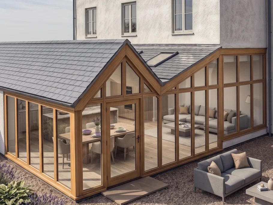 Double-gable oak-framed rear pavilion with vertical timber mullions and large expanses of glazing, north Lincolnshire