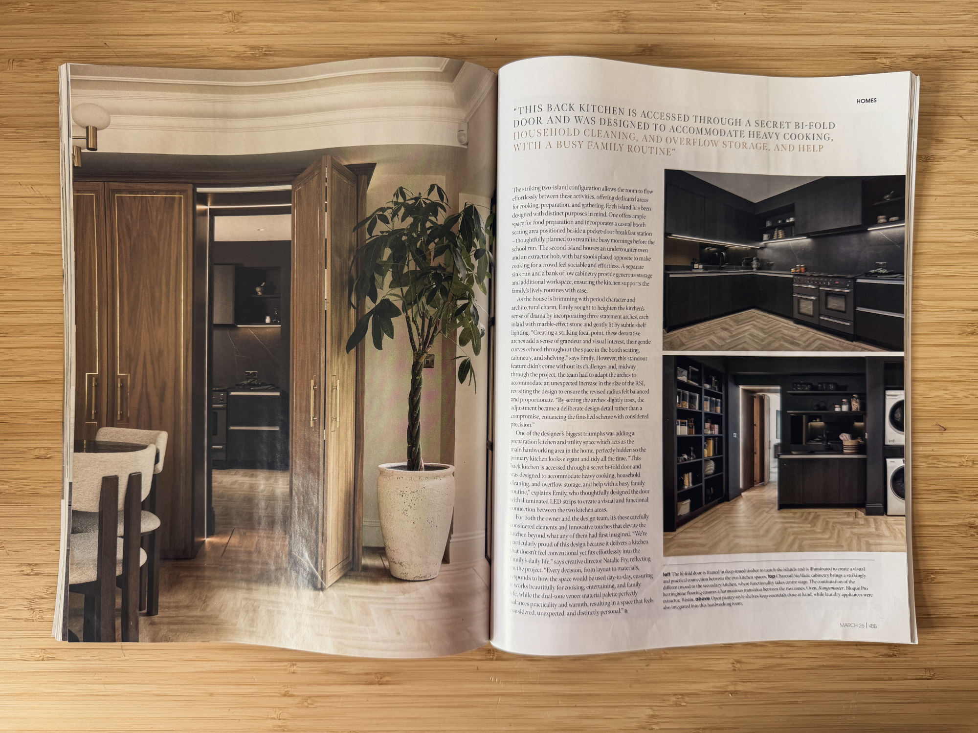 Kitchens Bedrooms & Bathrooms magazine, March 2026, Decadent Details spread showing the timber arches and marble in the Roundhay kitchen extension by we are _ architecture