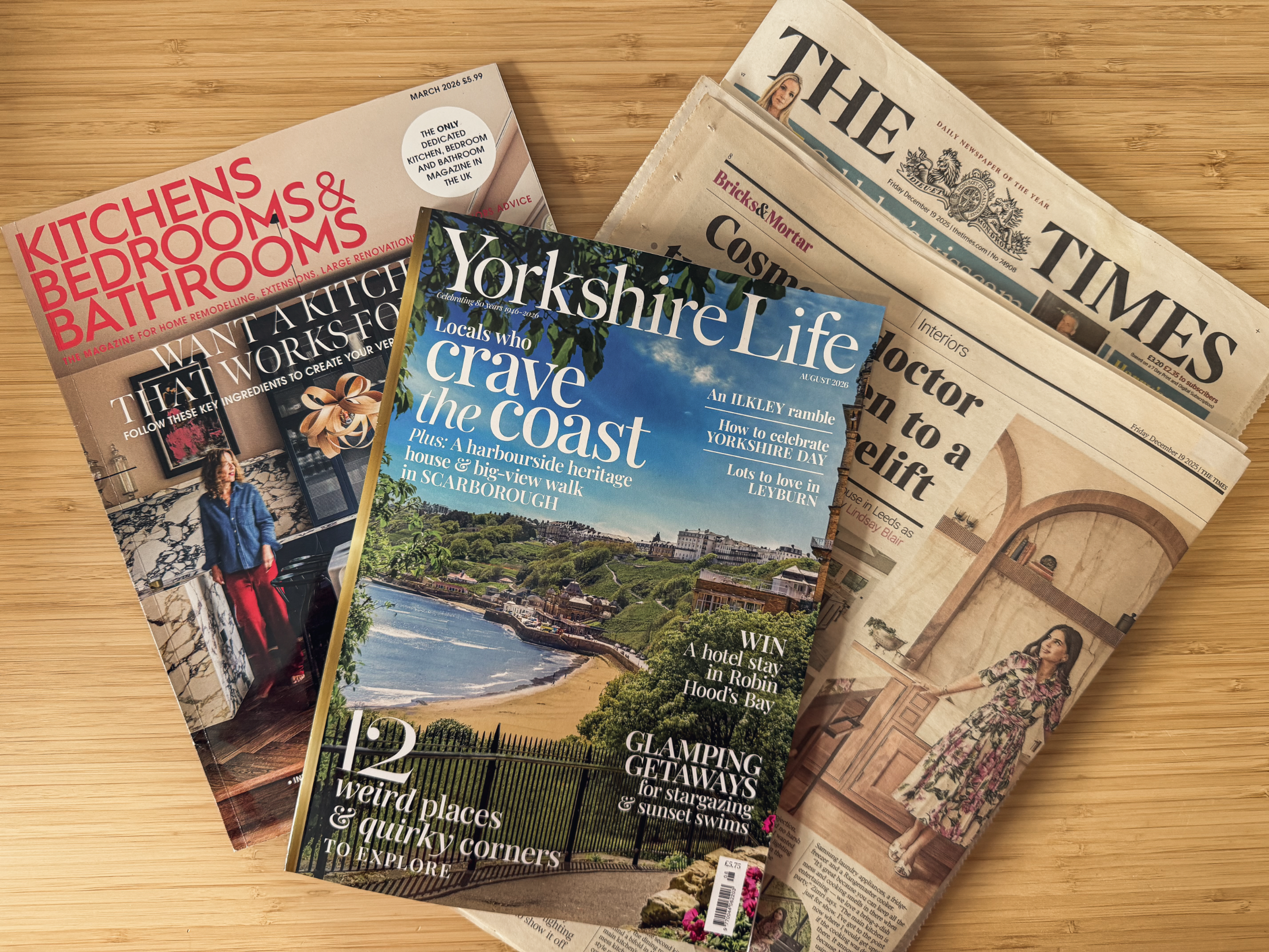 Print coverage of we are _ architecture: The Times, Kitchens Bedrooms & Bathrooms and Yorkshire Life featuring the Roundhay, Leeds home